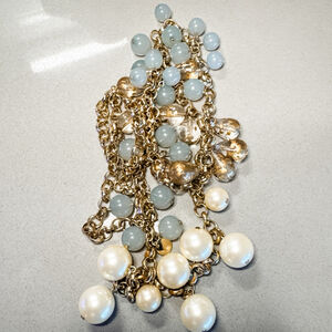 Talbots Goldtone Long Necklace Faux Pearl Milk Beads And Clear/Gold Beads 41”